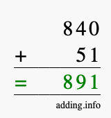 Calculate 840 + 51 using long addition