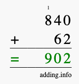 Calculate 840 + 62 using long addition