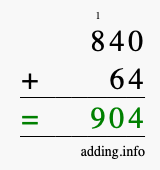 Calculate 840 + 64 using long addition