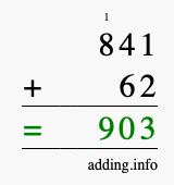 Calculate 841 + 62 using long addition