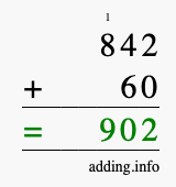 Calculate 842 + 60 using long addition