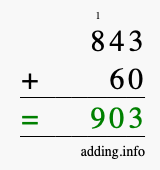 Calculate 843 + 60 using long addition
