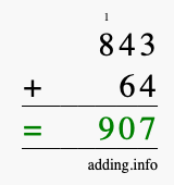 Calculate 843 + 64 using long addition