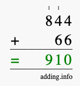 Calculate 844 + 66 using long addition