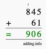 Calculate 845 + 61 using long addition