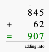 Calculate 845 + 62 using long addition