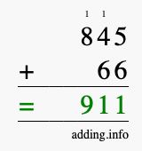 Calculate 845 + 66 using long addition