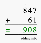Calculate 847 + 61 using long addition