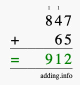 Calculate 847 + 65 using long addition