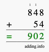 Calculate 848 + 54 using long addition