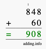 Calculate 848 + 60 using long addition