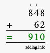 Calculate 848 + 62 using long addition