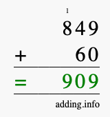Calculate 849 + 60 using long addition