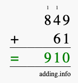 Calculate 849 + 61 using long addition