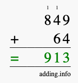 Calculate 849 + 64 using long addition