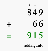Calculate 849 + 66 using long addition