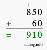 Calculate 850 + 60 using long addition