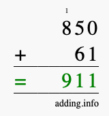 Calculate 850 + 61 using long addition