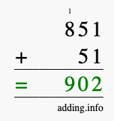 Calculate 851 + 51 using long addition