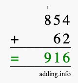 Calculate 854 + 62 using long addition