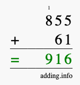 Calculate 855 + 61 using long addition