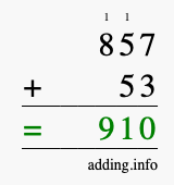 Calculate 857 + 53 using long addition