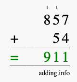 Calculate 857 + 54 using long addition