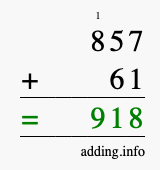 Calculate 857 + 61 using long addition