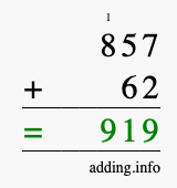 Calculate 857 + 62 using long addition