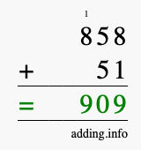 Calculate 858 + 51 using long addition