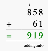 Calculate 858 + 61 using long addition