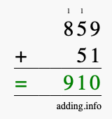 Calculate 859 + 51 using long addition