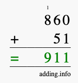 Calculate 860 + 51 using long addition