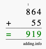 Calculate 864 + 55 using long addition