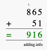Calculate 865 + 51 using long addition