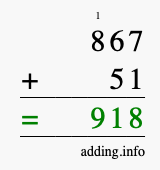 Calculate 867 + 51 using long addition
