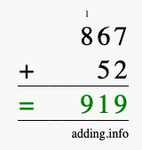 Calculate 867 + 52 using long addition