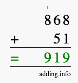 Calculate 868 + 51 using long addition