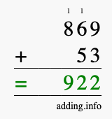 Calculate 869 + 53 using long addition