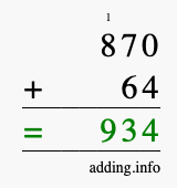 Calculate 870 + 64 using long addition