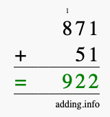 Calculate 871 + 51 using long addition