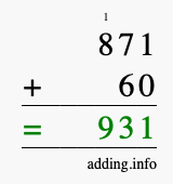 Calculate 871 + 60 using long addition