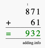Calculate 871 + 61 using long addition