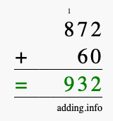 Calculate 872 + 60 using long addition