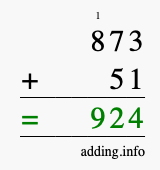 Calculate 873 + 51 using long addition