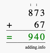 Calculate 873 + 67 using long addition