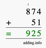 Calculate 874 + 51 using long addition