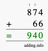 Calculate 874 + 66 using long addition