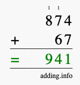 Calculate 874 + 67 using long addition