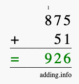 Calculate 875 + 51 using long addition